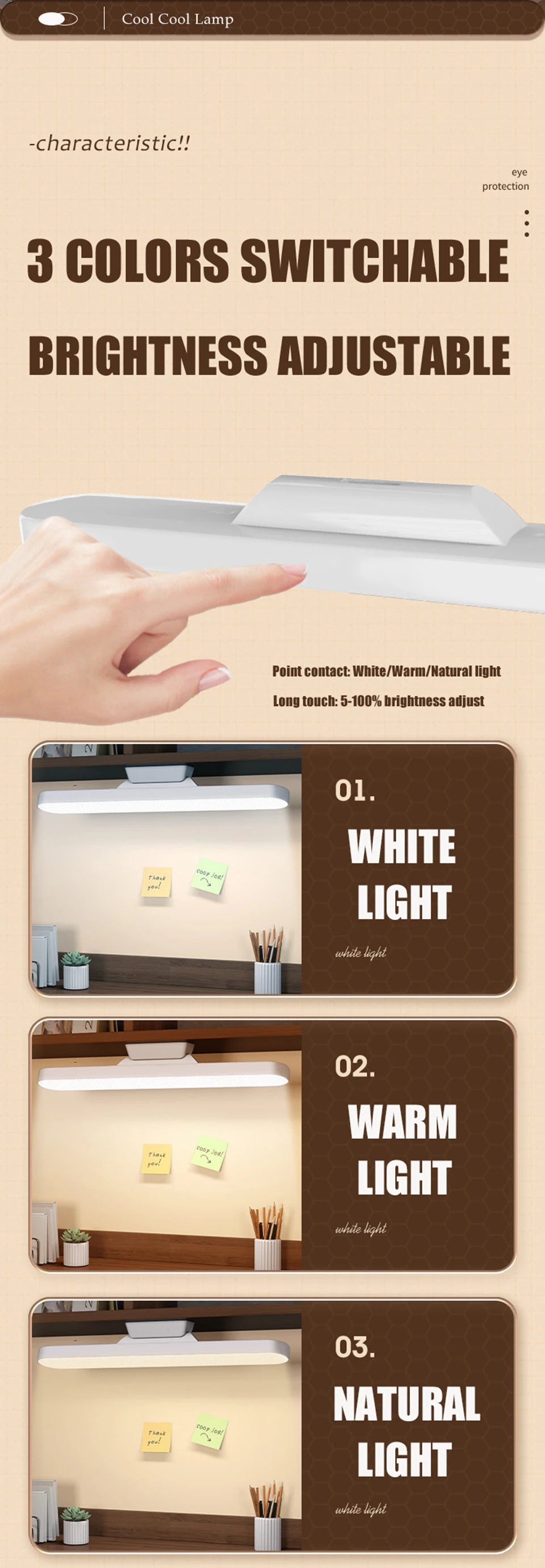 Lampka biurkowa LED USB z magnesem – 3 barwy światła, ściemnialna, akumulatorowa