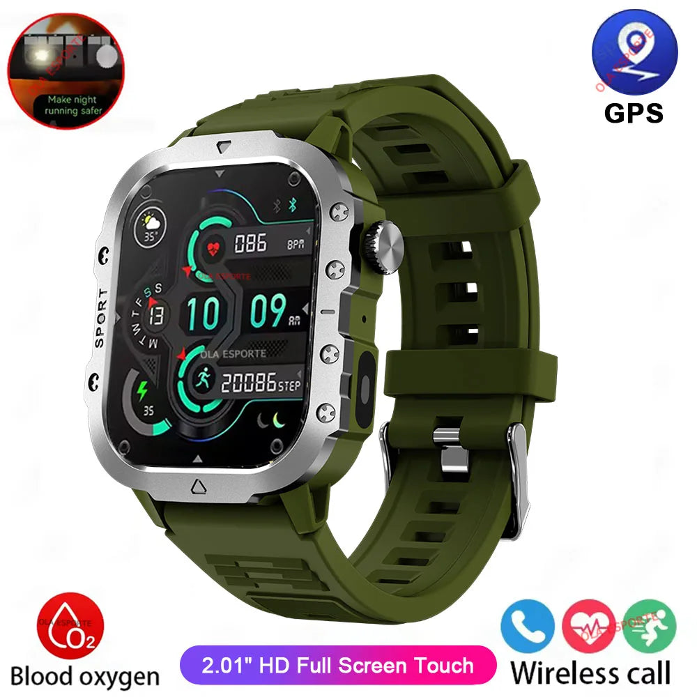 Militarny Smartwatch Męski z Latarką LED i Ekranem 2,01" HD | Bluetooth, Tętno, SpO2