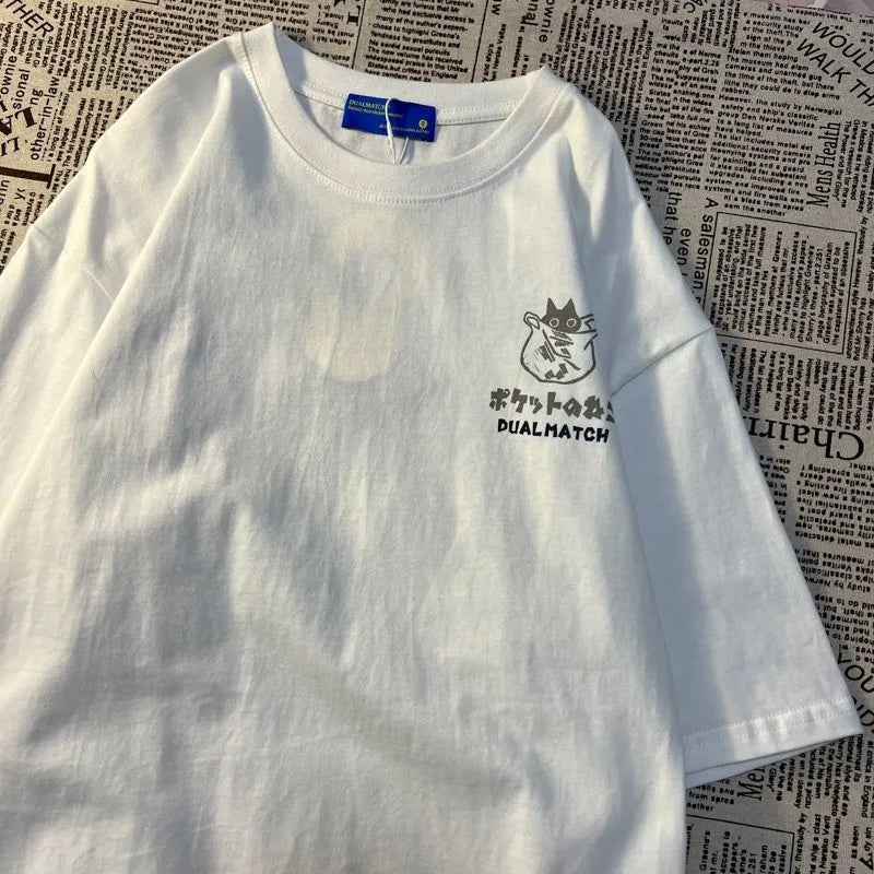 T-shirt z kotem retro japoński oversized unisex koszulka