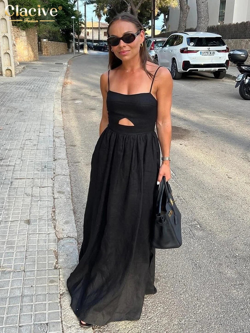 Czarna Bawełniana Sukienka Maxi na Ramiączkach z Wycięciami – Luźna Elegancka