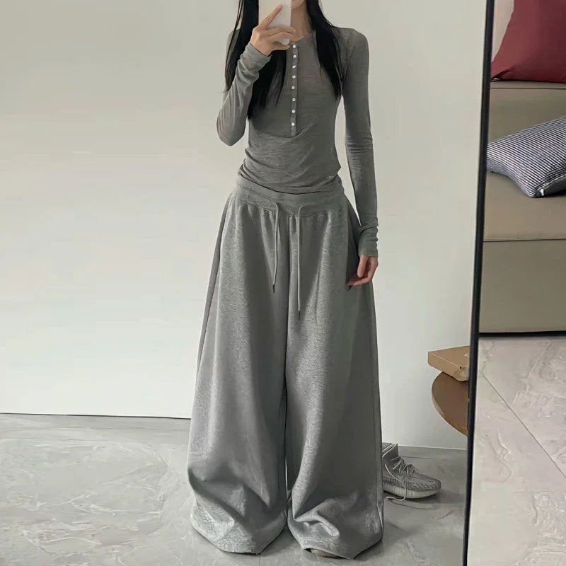Czarne Spodnie Dresowe Damskie Wide Leg Wysoki Stan – Retro HipHop Korean