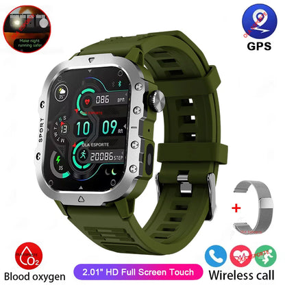 Militarny Smartwatch Męski z Latarką LED i Ekranem 2,01" HD | Bluetooth, Tętno, SpO2