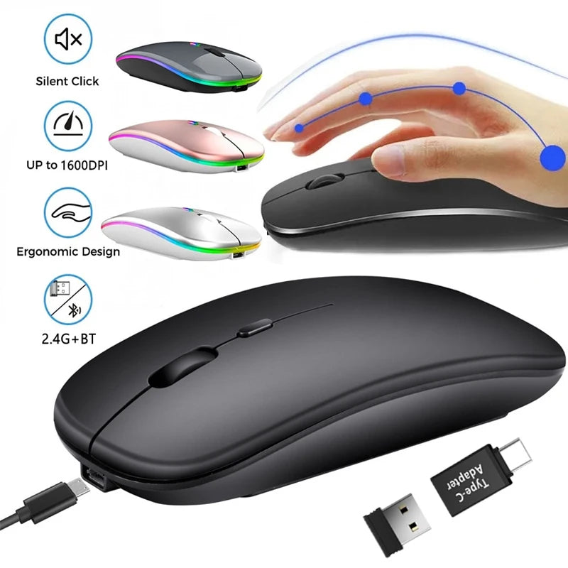 Mysz bezprzewodowa Bluetooth 2.4GHz cicha ładowana USB 1600 DPI