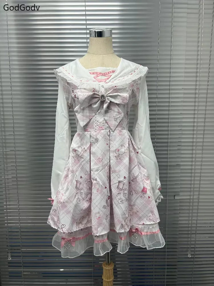 Sukienka Kawaii Lolita z Kokardą i Nadrukiem – Japoński Styl Fake Two Piece