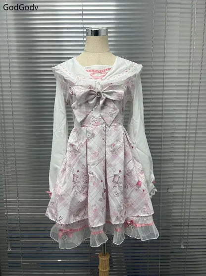 Sukienka Kawaii Lolita z Kokardą i Nadrukiem – Japoński Styl Fake Two Piece