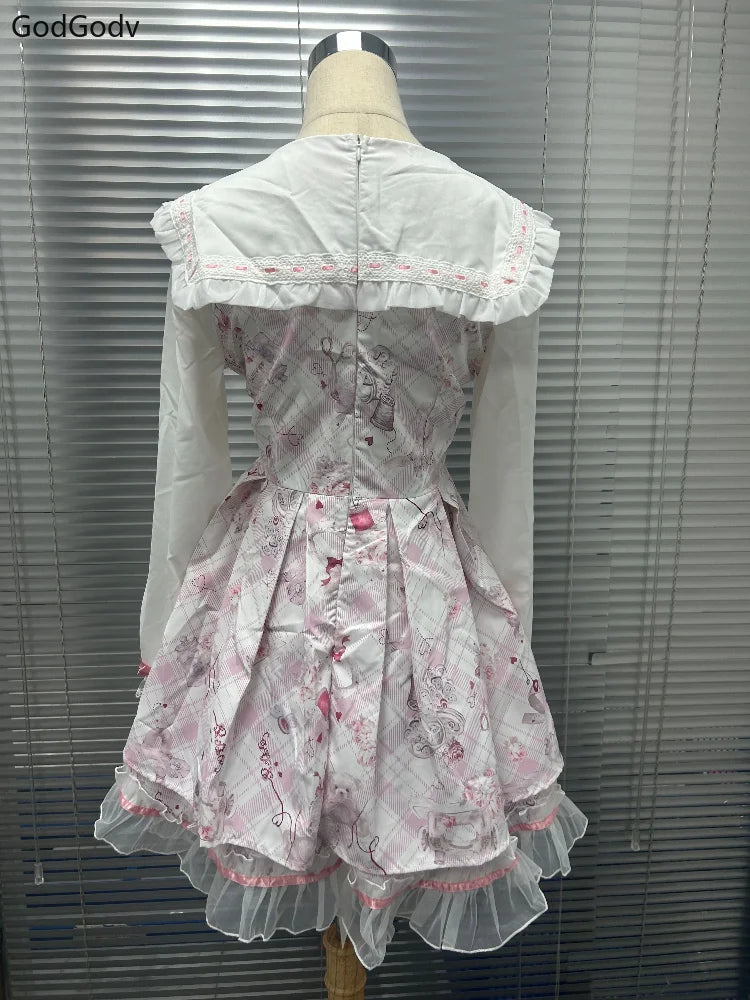 Sukienka Kawaii Lolita z Kokardą i Nadrukiem – Japoński Styl Fake Two Piece