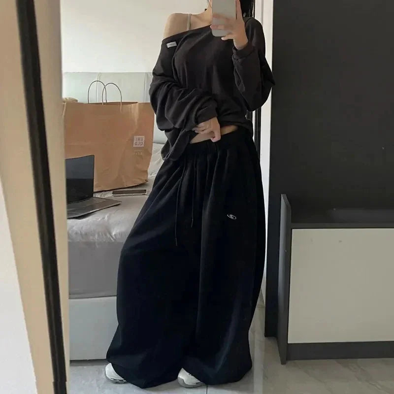 Czarne Spodnie Dresowe Damskie Wide Leg Wysoki Stan – Retro HipHop Korean