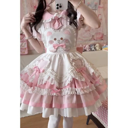 Sukienka Kawaii Lolita z Kokardą i Nadrukiem – Japoński Styl Fake Two Piece