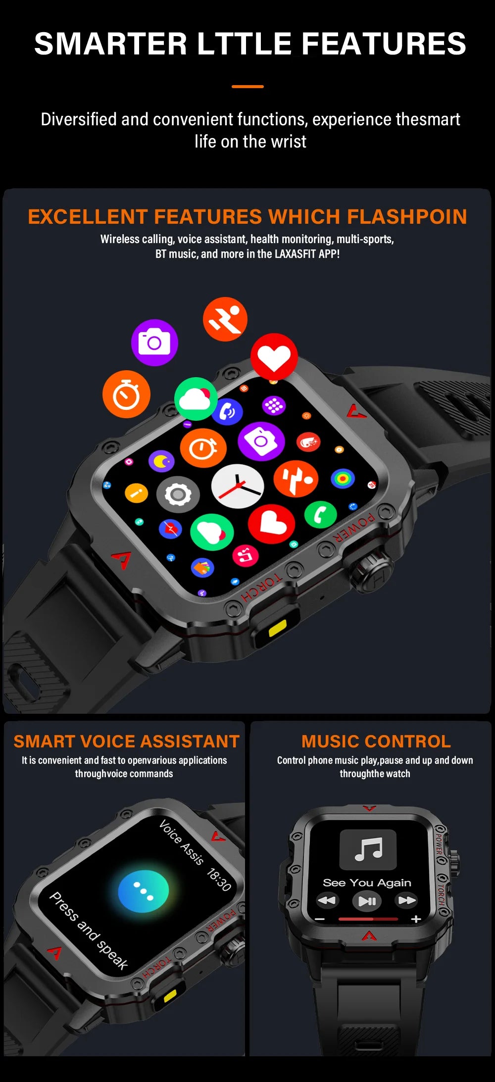 Smartwatch LAXASFIT Q11 – Latarka LED, Monitorowanie Zdrowia, Sport
