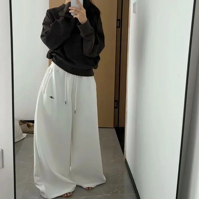Czarne Spodnie Dresowe Damskie Wide Leg Wysoki Stan – Retro HipHop Korean