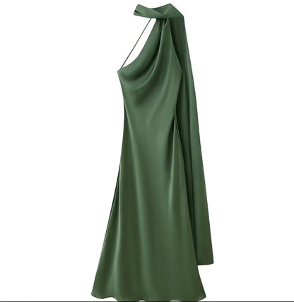 Satynowa Sukienka Halter Maxi z Odkrytymi Plecami – Wesele Studniówka Lato