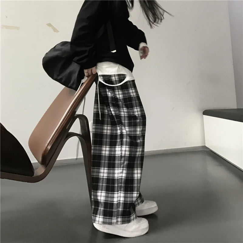 Spodnie Dresowe Oversize w Czarną Kratę – Baggy Unisex HipHop z Kieszeniami
