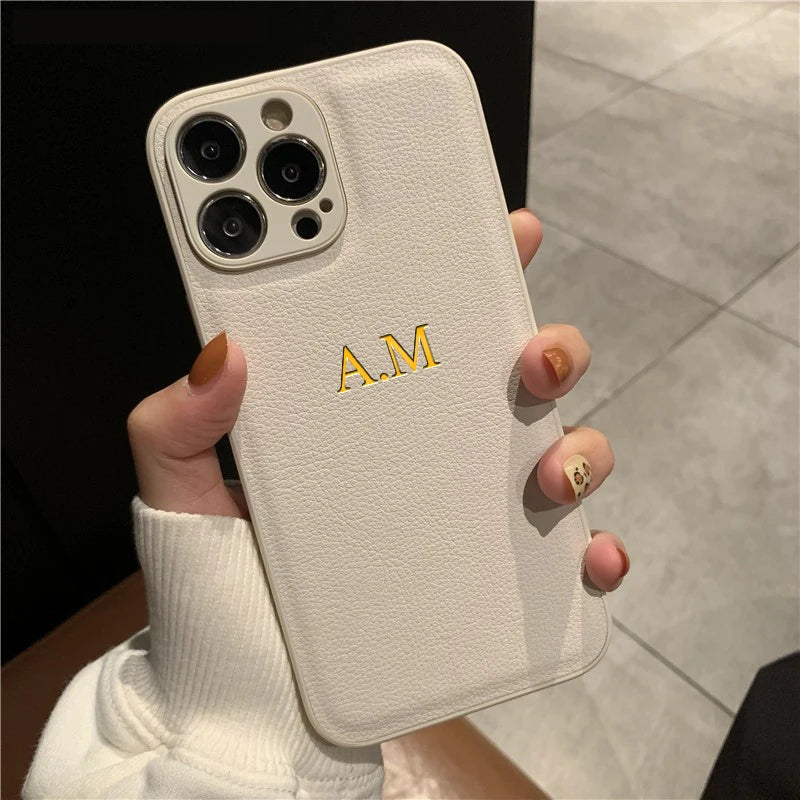 Personalizowane Etui iPhone 17 16 15 14 13 12 11 Pro Max – Skóra PU z Inicjałami i Imieniem