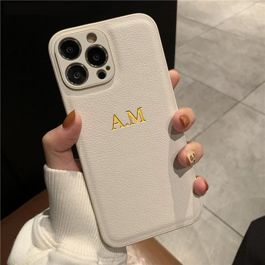 Personalizowane Etui iPhone 17 16 15 14 13 12 11 Pro Max – Skóra PU z Inicjałami i Imieniem