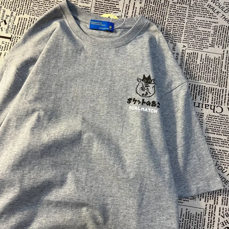 T-shirt z kotem retro japoński oversized unisex koszulka