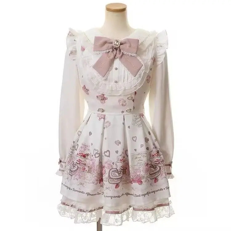 Sukienka Kawaii Lolita z Kokardą i Nadrukiem – Japoński Styl Fake Two Piece