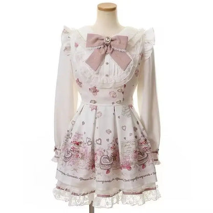 Sukienka Kawaii Lolita z Kokardą i Nadrukiem – Japoński Styl Fake Two Piece
