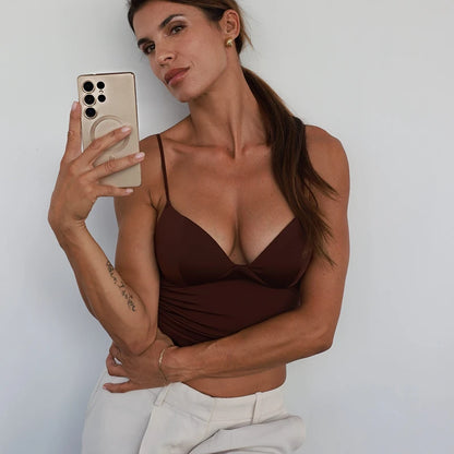 Gorsetowy Top Damski Crop na Ramiączkach – Brązowy Bustier Bodycon Backless