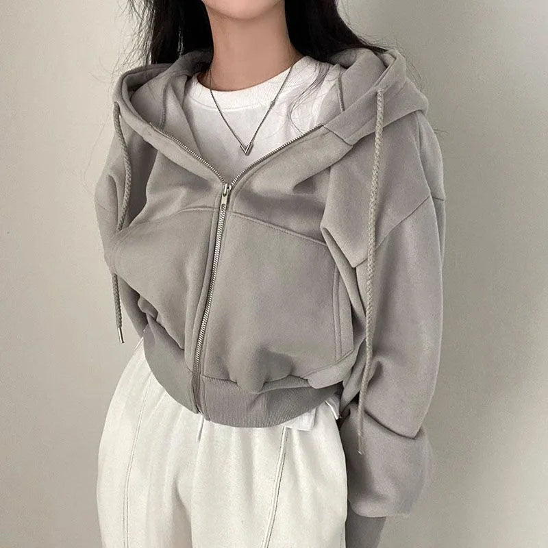 Bluza Damska Crop Top z Kapturem i Zamkiem Y2K – Streetwear Harajuku