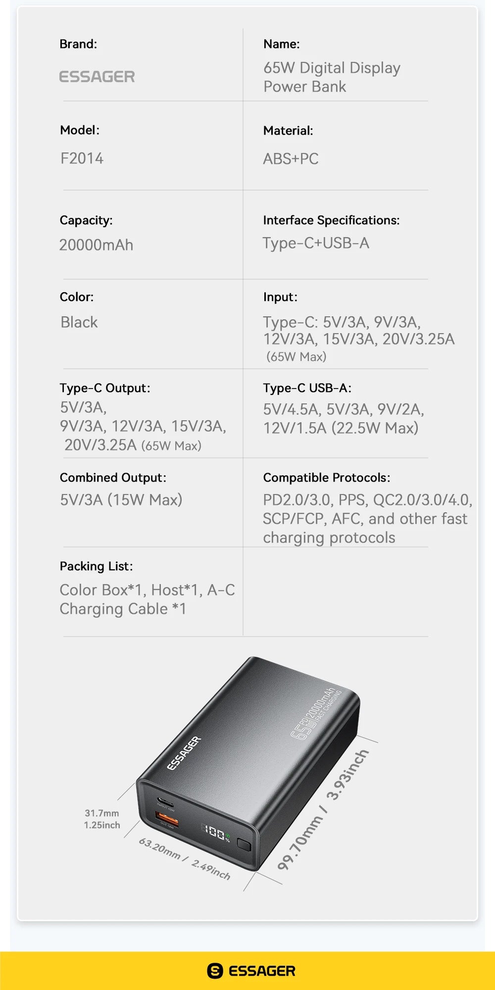 Power Bank 20000mAh PD 65W Szybkie Ładowanie iPhone