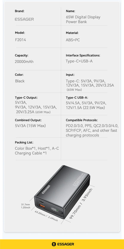 Power Bank 20000mAh PD 65W Szybkie Ładowanie iPhone