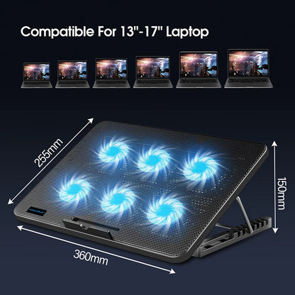 Podstawka chłodząca pod laptopa 15,6"-17,3" | 6 cichych wentylatorów, 7 poziomów wysokości, uchwyt na telefon | Coolcold F5