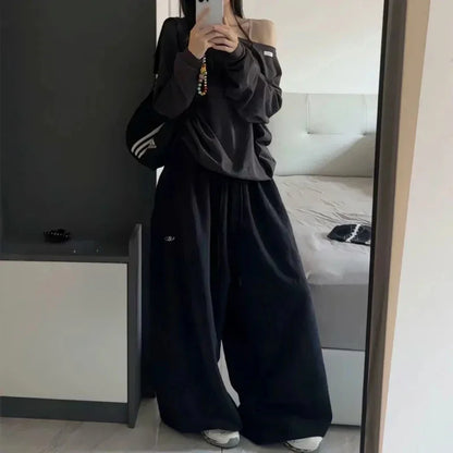 Czarne Spodnie Dresowe Damskie Wide Leg Wysoki Stan – Retro HipHop Korean