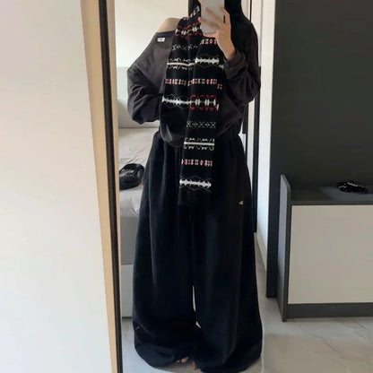 Czarne Spodnie Dresowe Damskie Wide Leg Wysoki Stan – Retro HipHop Korean