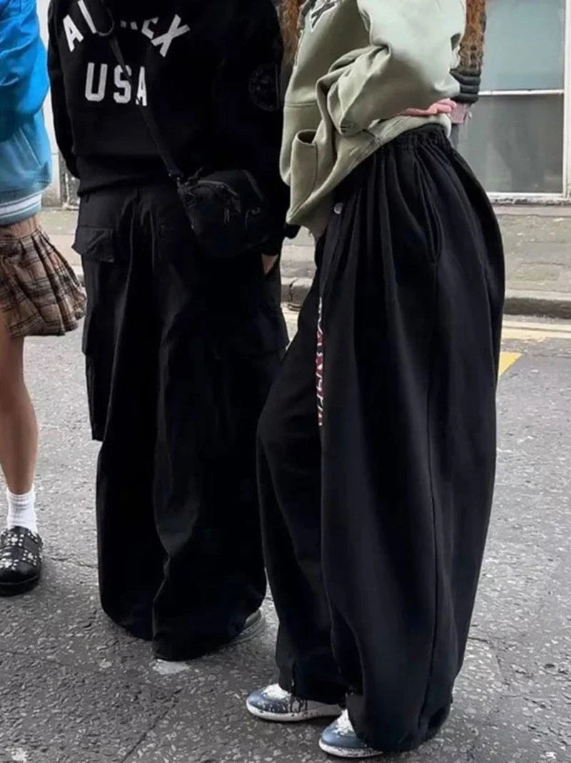 Czarne Spodnie Dresowe Damskie Wide Leg Wysoki Stan – Retro HipHop Korean