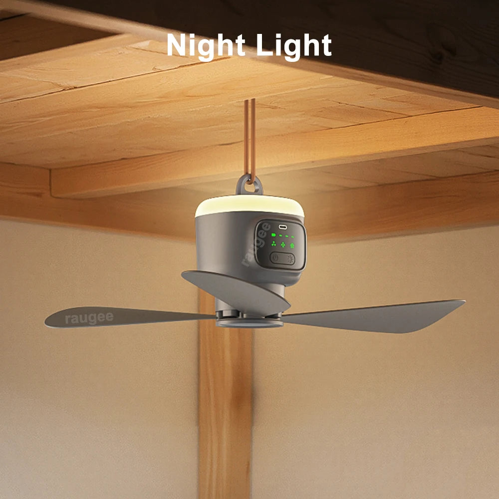 Wentylator sufitowy kempingowy 12000mAh z pilotem i oświetleniem LED – 450mm, 30H pracy