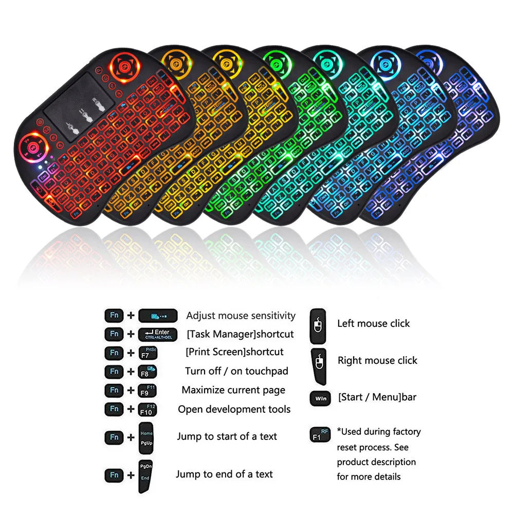 Mini klawiatura bezprzewodowa i8 z touchpadem i podświetleniem RGB – 2.4G, układ RU/EN/FR/ES/AR