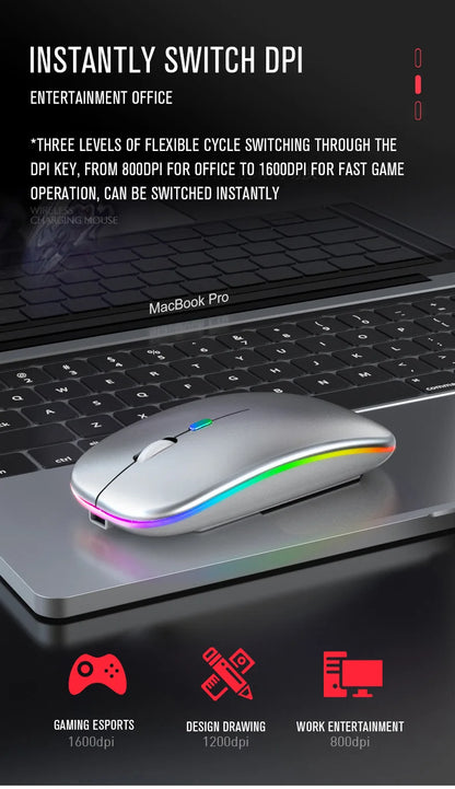 Mysz bezprzewodowa Bluetooth 5.0 + 2.4GHz USB RGB | 1600 DPI | Tryb Dual Mode | HXSJ