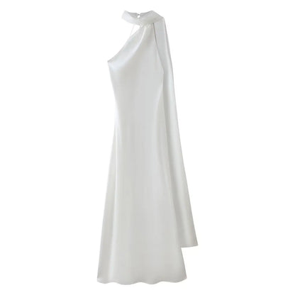 Satynowa Sukienka Halter Maxi z Odkrytymi Plecami – Wesele Studniówka Lato