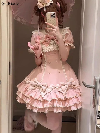 Sukienka Kawaii Lolita z Kokardą i Nadrukiem – Japoński Styl Fake Two Piece