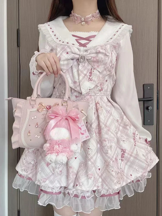 Sukienka Kawaii Lolita z Kokardą i Nadrukiem – Japoński Styl Fake Two Piece