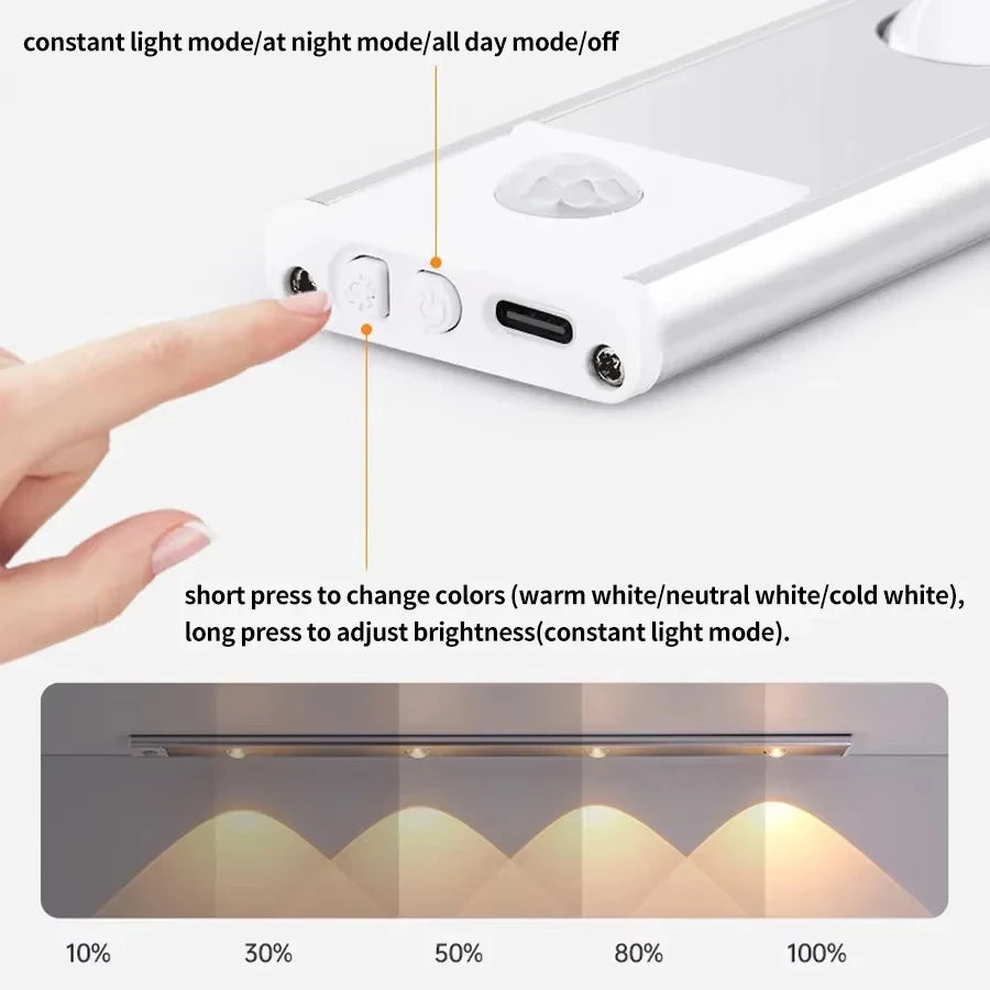 Lampka LED pod szafkę z czujnikiem ruchu – ładowanie USB-C, 3 barwy, przyciemnianie, 20/30/40/50 cm