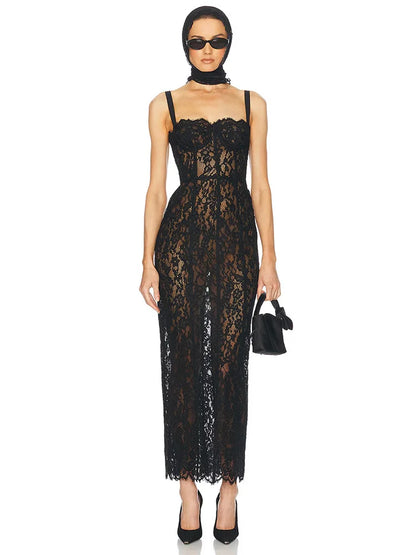 Czarna Koronkowa Sukienka Maxi Bodycon V-neck – Wieczorowa na Imprezę i Randkę