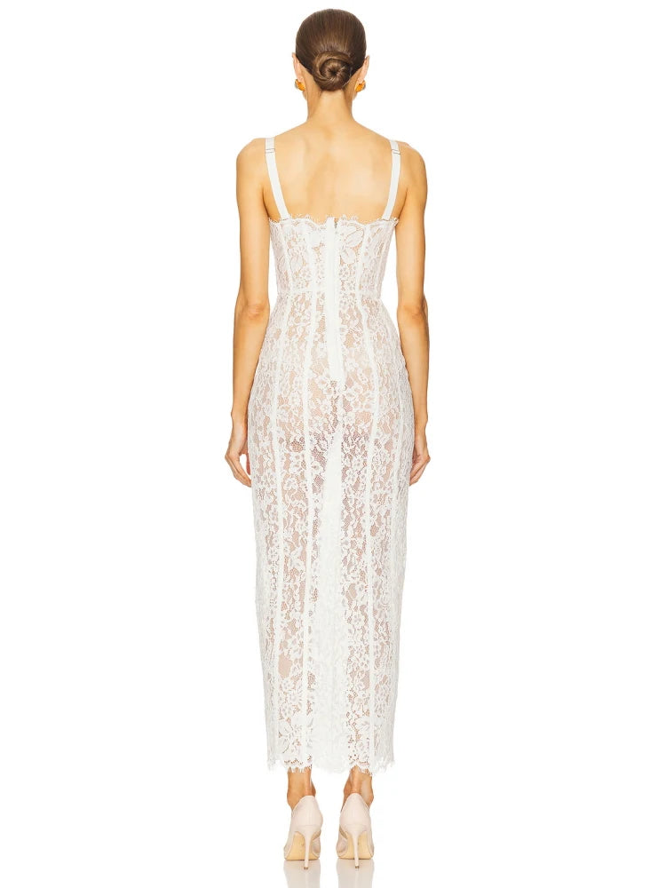 Czarna Koronkowa Sukienka Maxi Bodycon V-neck – Wieczorowa na Imprezę i Randkę