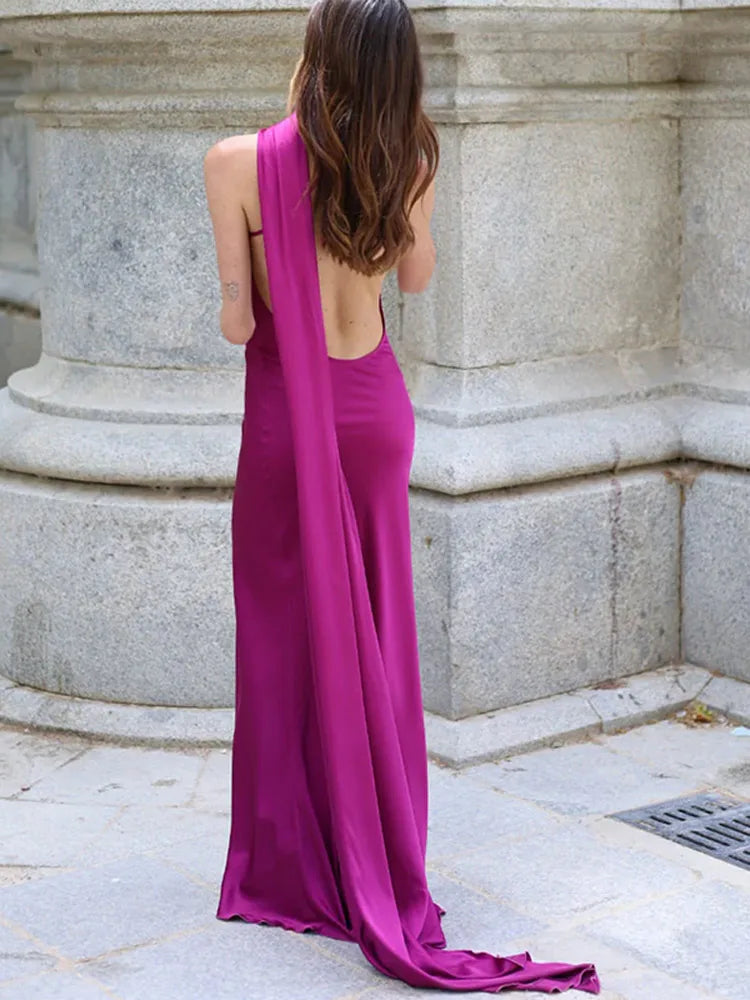 Satynowa Sukienka Halter Maxi z Odkrytymi Plecami – Wesele Studniówka Lato