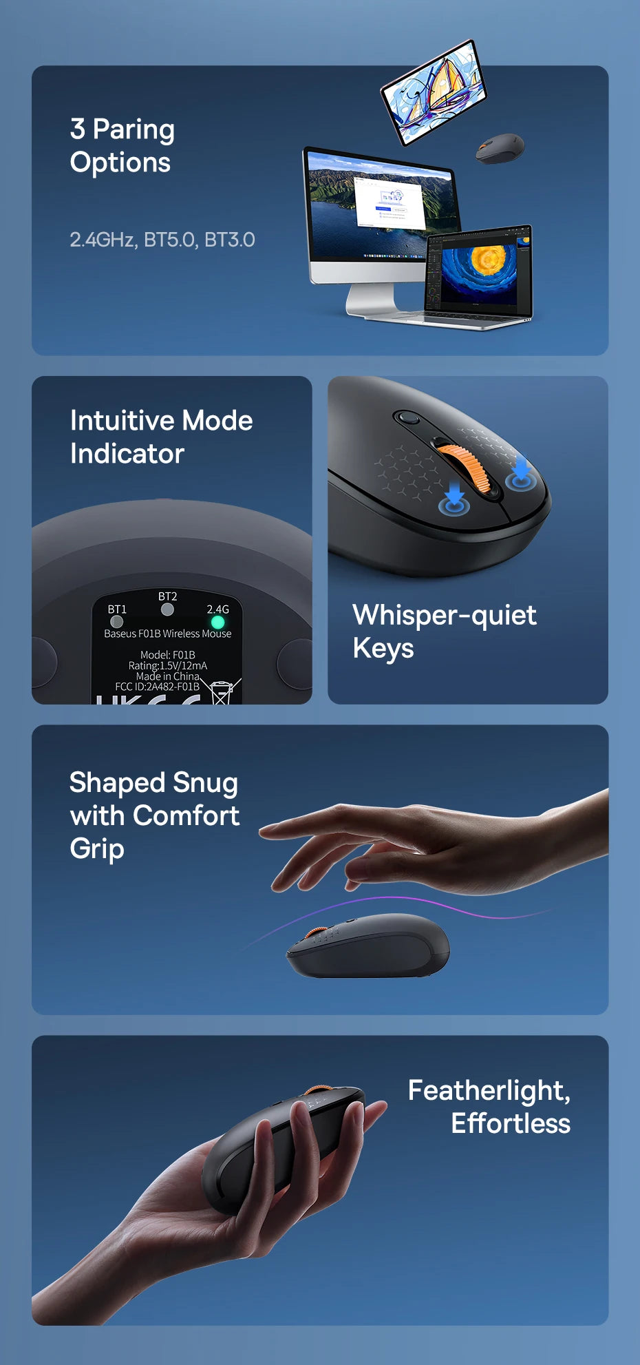 Baseus F01B Mysz Bezprzewodowa Bluetooth 3w1 (BT5.0 + BT3.0 + 2.4GHz) 1600DPI Cicha Ergonomiczna