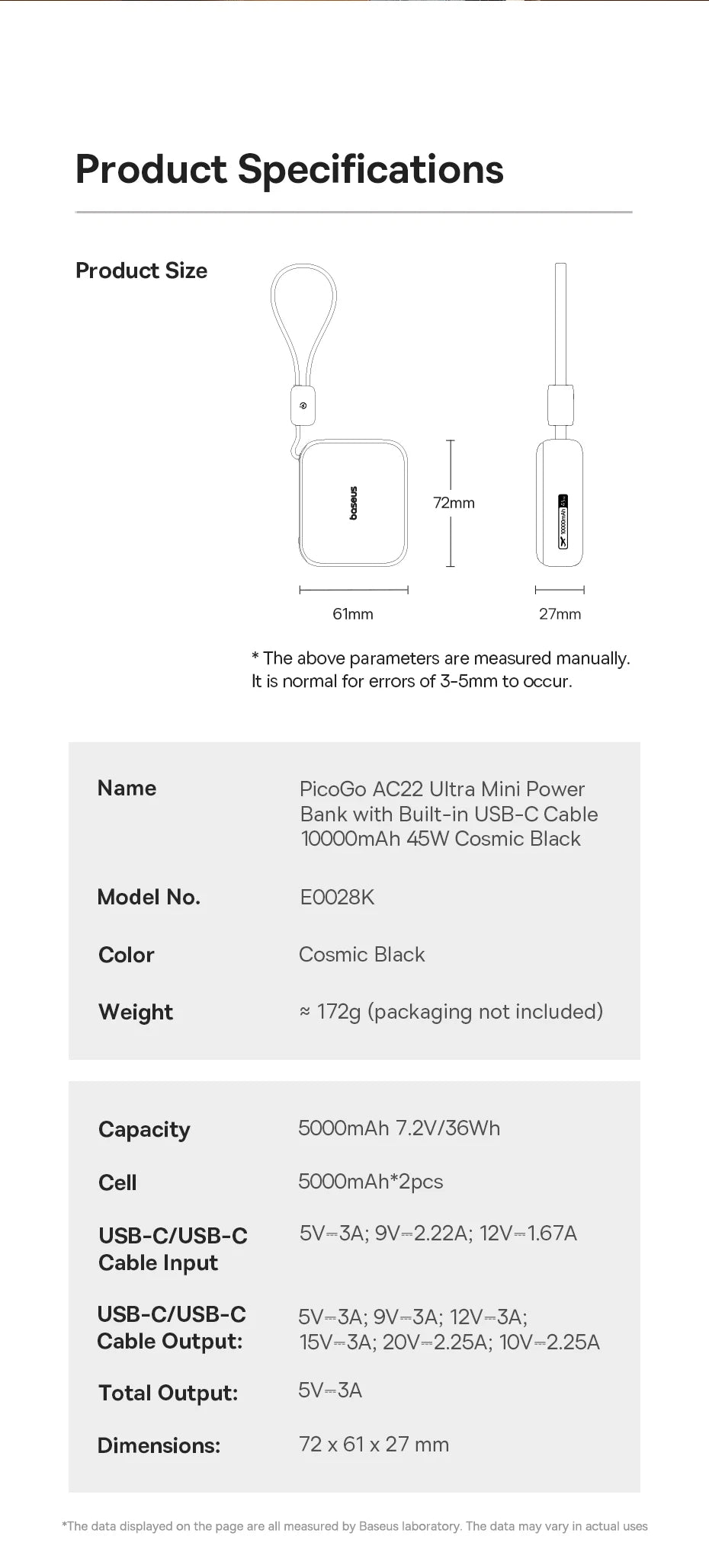 Baseus 45W Power Bank 10000mAh USB-C - Szybkie ładowanie