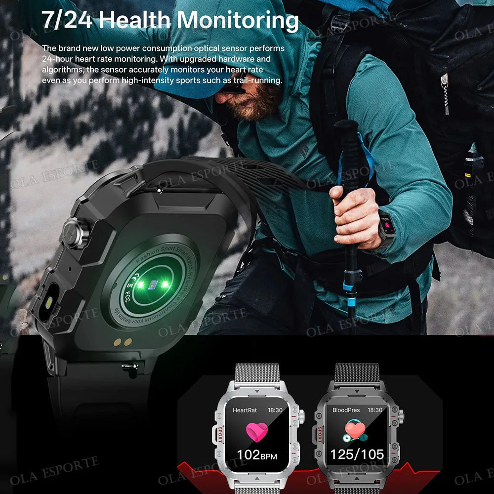 Militarny Smartwatch Męski z Latarką LED i Ekranem 2,01" HD | Bluetooth, Tętno, SpO2