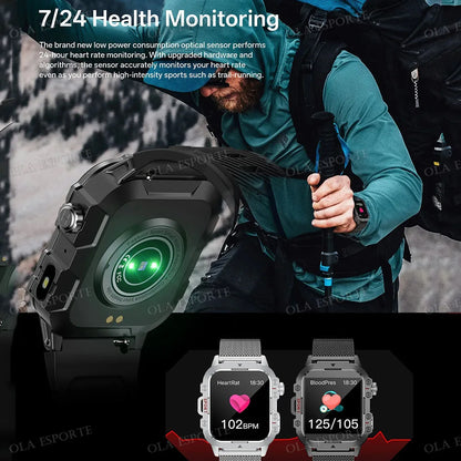 Militarny Smartwatch Męski z Latarką LED i Ekranem 2,01" HD | Bluetooth, Tętno, SpO2