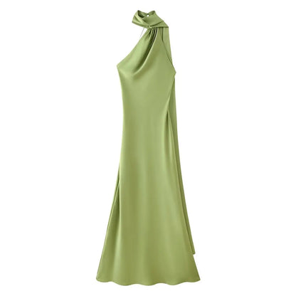 Satynowa Sukienka Halter Maxi z Odkrytymi Plecami – Wesele Studniówka Lato